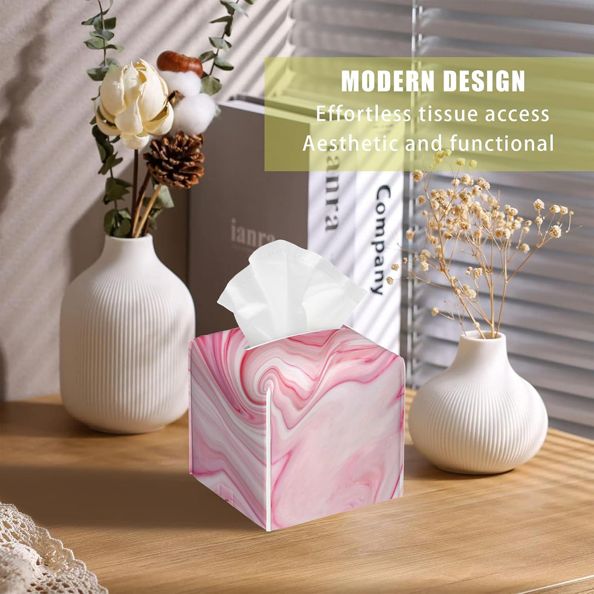 Pink Liquid Marble Tissue Box Cover Square, Tissue Box Holder with Bottom Belt Leather Facial Paper Organizer Dispenser for Bathroom Bedroom Dresser Night Stand Tabletop