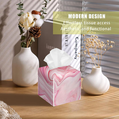 Pink Liquid Marble Tissue Box Cover Square, Tissue Box Holder with Bottom Belt Leather Facial Paper Organizer Dispenser for Bathroom Bedroom Dresser Night Stand Tabletop