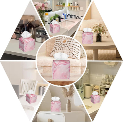 Pink Liquid Marble Tissue Box Cover Square, Tissue Box Holder with Bottom Belt Leather Facial Paper Organizer Dispenser for Bathroom Bedroom Dresser Night Stand Tabletop
