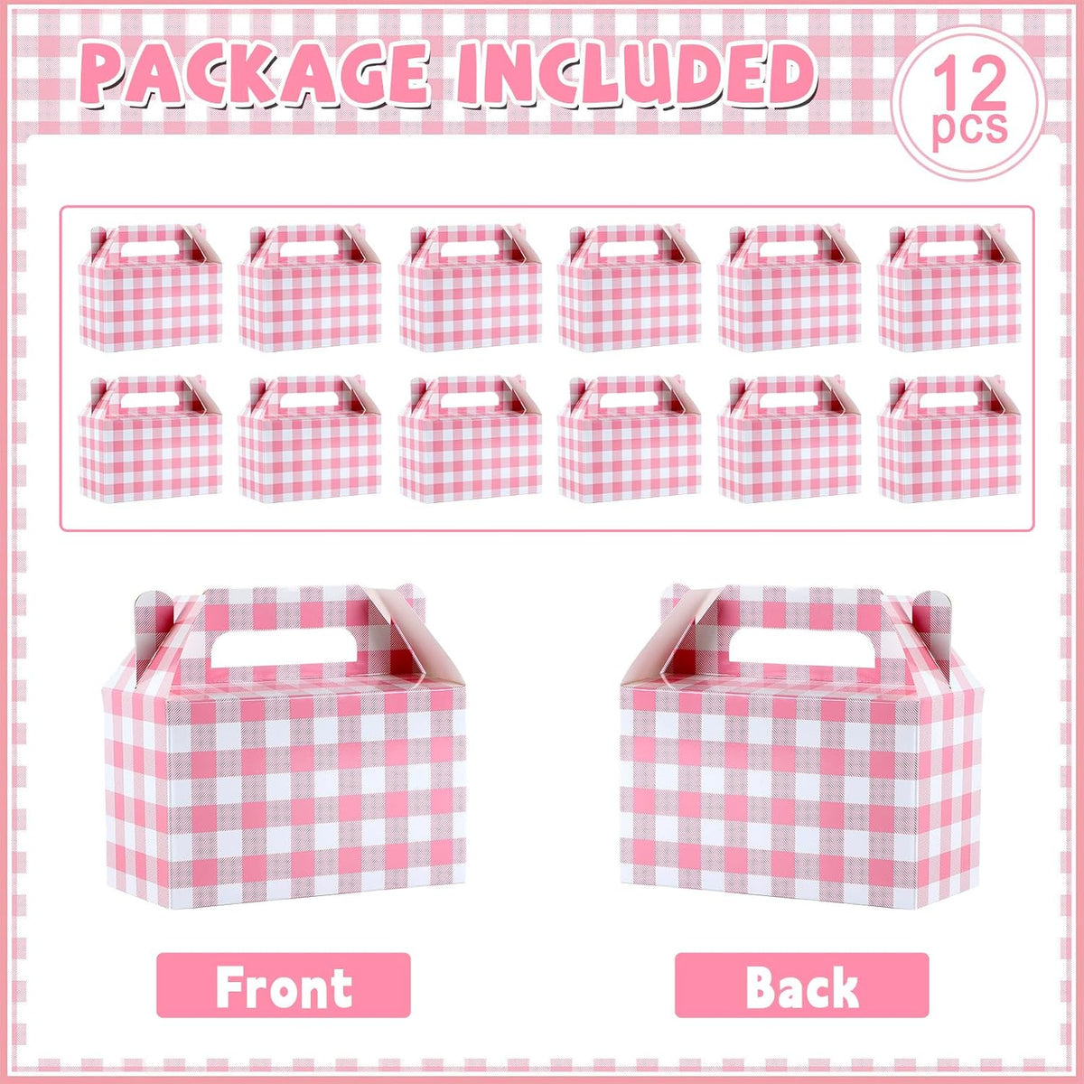 Ustforjoyful 12 Pcs Pink Favor Boxes Pink Gingham Gable Box Party Supplies