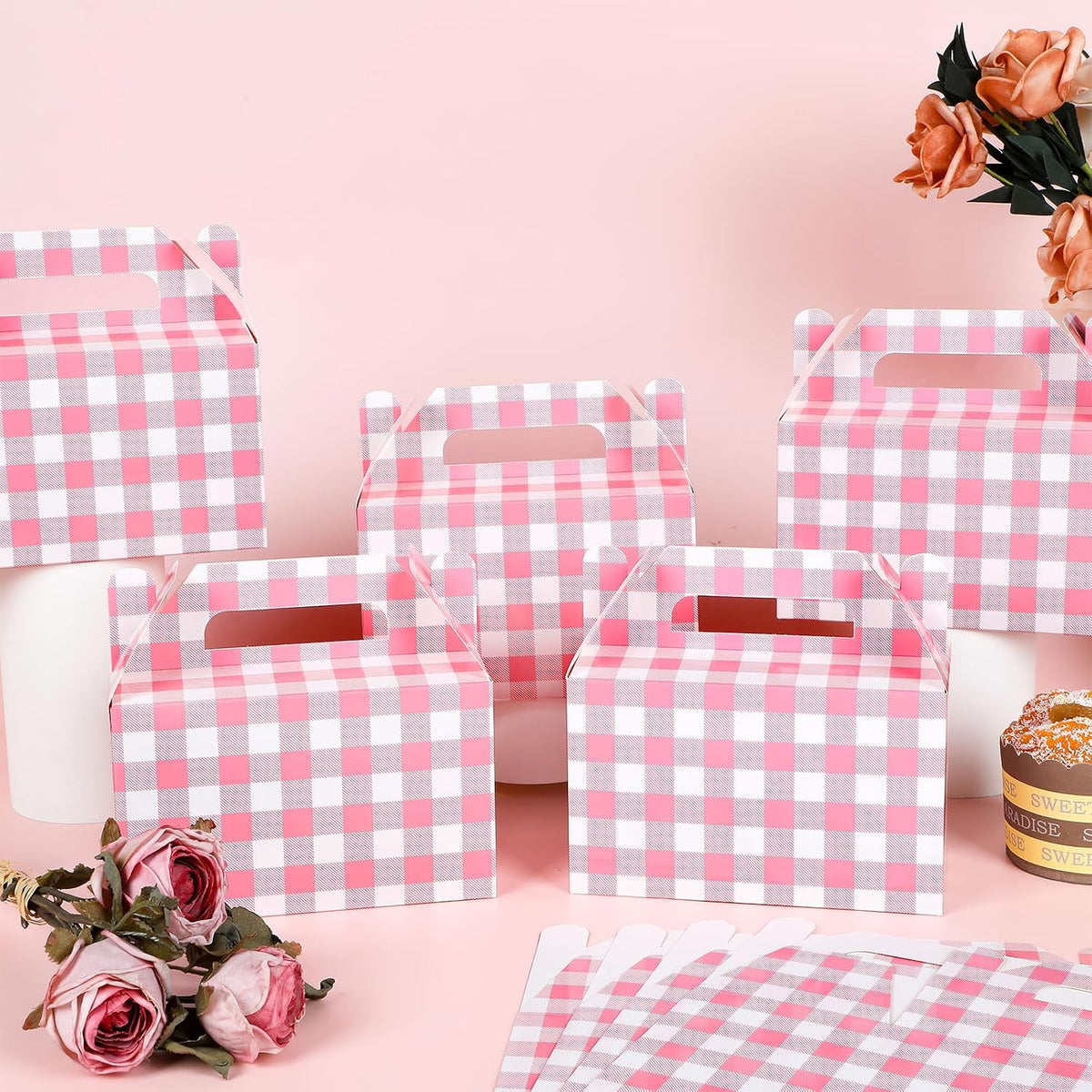 Ustforjoyful 12 Pcs Pink Favor Boxes Pink Gingham Gable Box Party Supplies