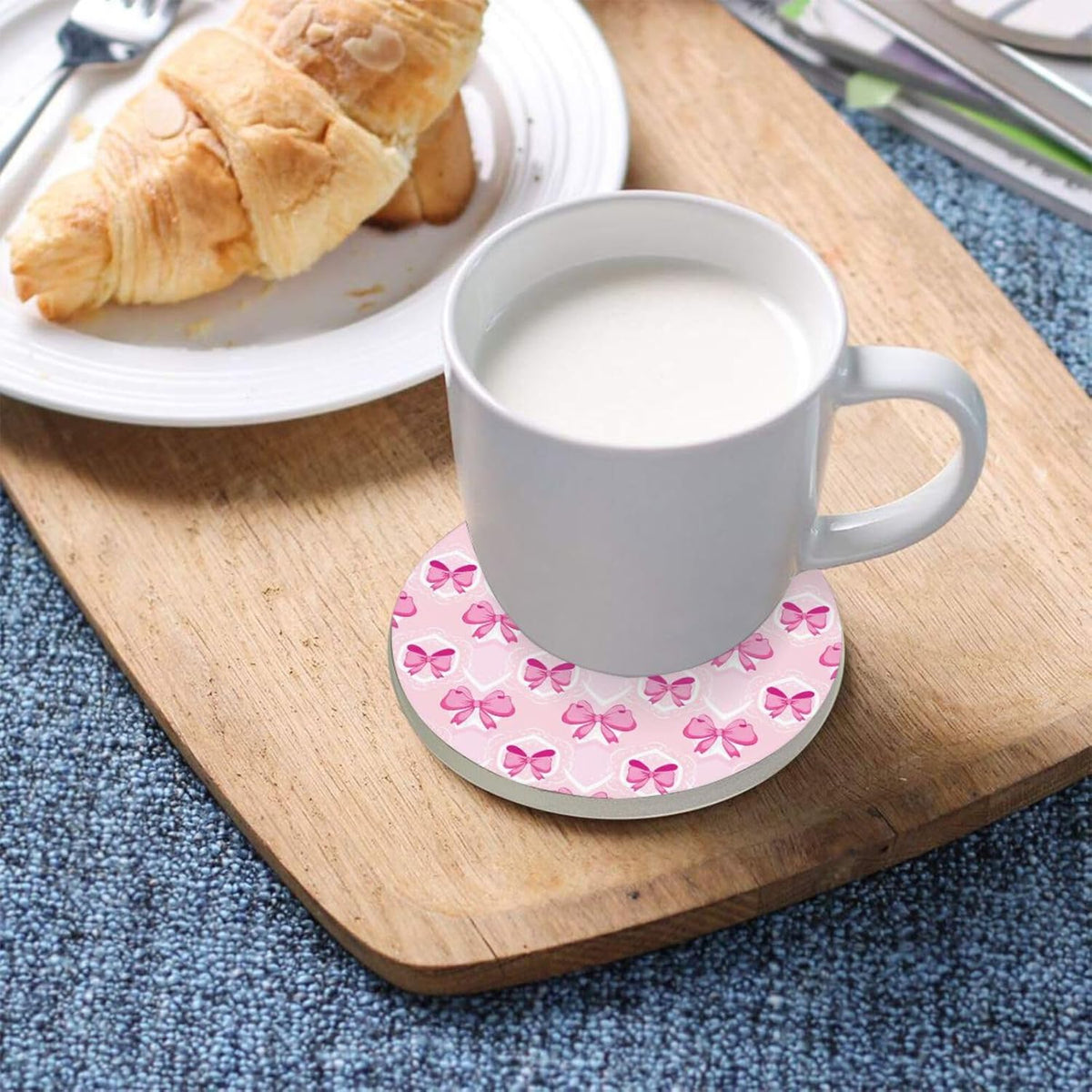 Light Pink Bows Coaster, Absorbent Drink Coaster Set of 2, Table Coasters for Decor