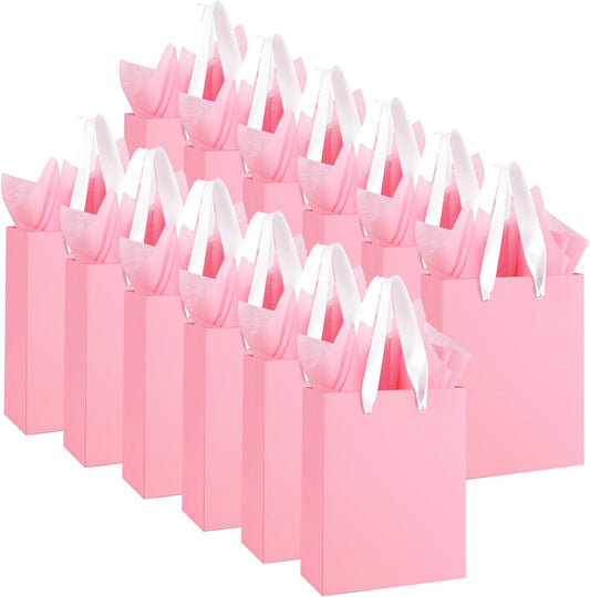 12-Pack Small Pink Gift Bags with Handles - Includes 24 Tissue Papers, 6.3x4.7x2.4 Inches Mini Gift Card Bag for Birthday Party, Baby Shower, Wedding, Holiday