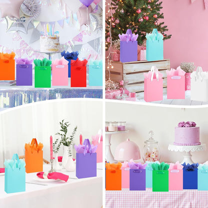 12-Pack Small Pink Gift Bags with Handles - Includes 24 Tissue Papers, 6.3x4.7x2.4 Inches Mini Gift Card Bag for Birthday Party, Baby Shower, Wedding, Holiday