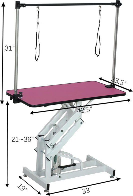 Hydraulic Pet Dog Grooming Table for Large Dogs, Heavy Duty Grooming Table with Adjustable Arm Noose, Maximum Capacity Up to 330 lbs, 42.5''/Pink