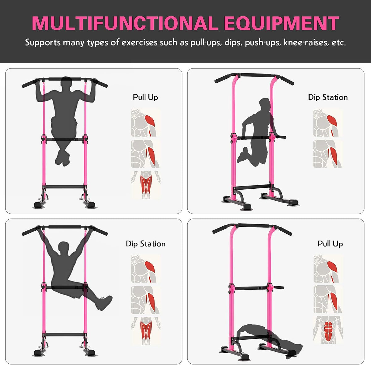 Power Tower Pull Up Bar Station, Free Standing Pull Up Rack Dip Station for Home Gym, Height Adjustable Home Strength Training Fitness Workout Equipment
