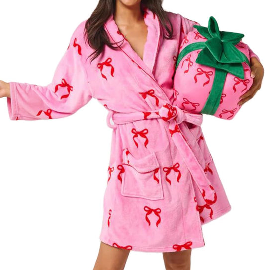 Womens Valentine's Day Fuzzy Robe Y2K Heart Print Shawl Collar Plush Bathrobe Striped Fleece Belt Kimono Spa Robe