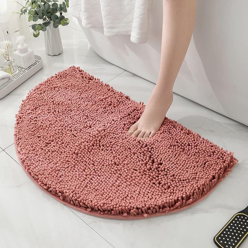 Half Round Microfiber Chenille Non-Slip Bathroom Bath Rug Super Absorbent Quick Drying Shower Mat Soft Shaggy Bathtub Rugs Machine Washable Semi Circle Floor Decor Mat (Pink, 40-60cm)