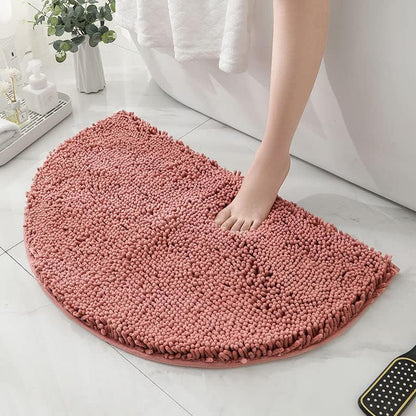 Half Round Microfiber Chenille Non-Slip Bathroom Bath Rug Super Absorbent Quick Drying Shower Mat Soft Shaggy Bathtub Rugs Machine Washable Semi Circle Floor Decor Mat (Pink, 40-60cm)