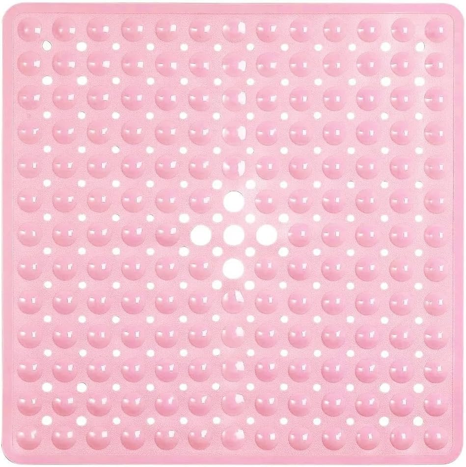 53x53cm Shower Mat Suction Cup PVC Anti Slip Bath Mat Square Shower Floor Pad Non Slip Safety Mat for Bathtub Bathroom Carpet(1x Pink)