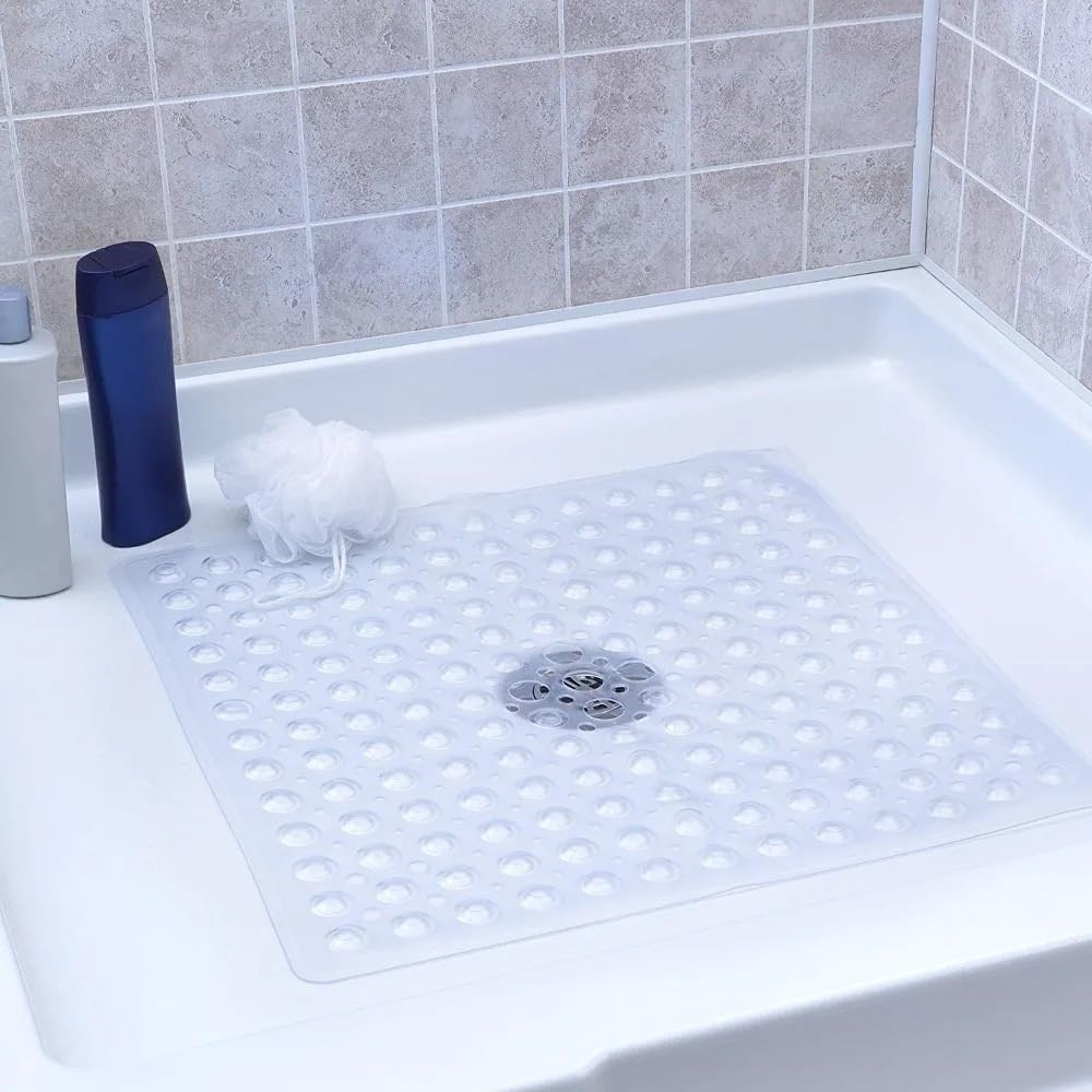53x53cm Shower Mat Suction Cup PVC Anti Slip Bath Mat Square Shower Floor Pad Non Slip Safety Mat for Bathtub Bathroom Carpet(1x Pink)