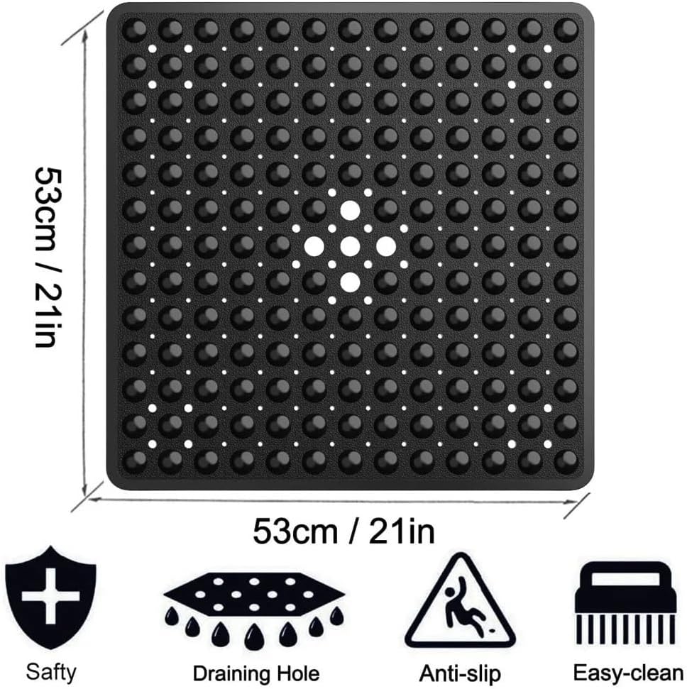 53x53cm Shower Mat Suction Cup PVC Anti Slip Bath Mat Square Shower Floor Pad Non Slip Safety Mat for Bathtub Bathroom Carpet(1x Pink)