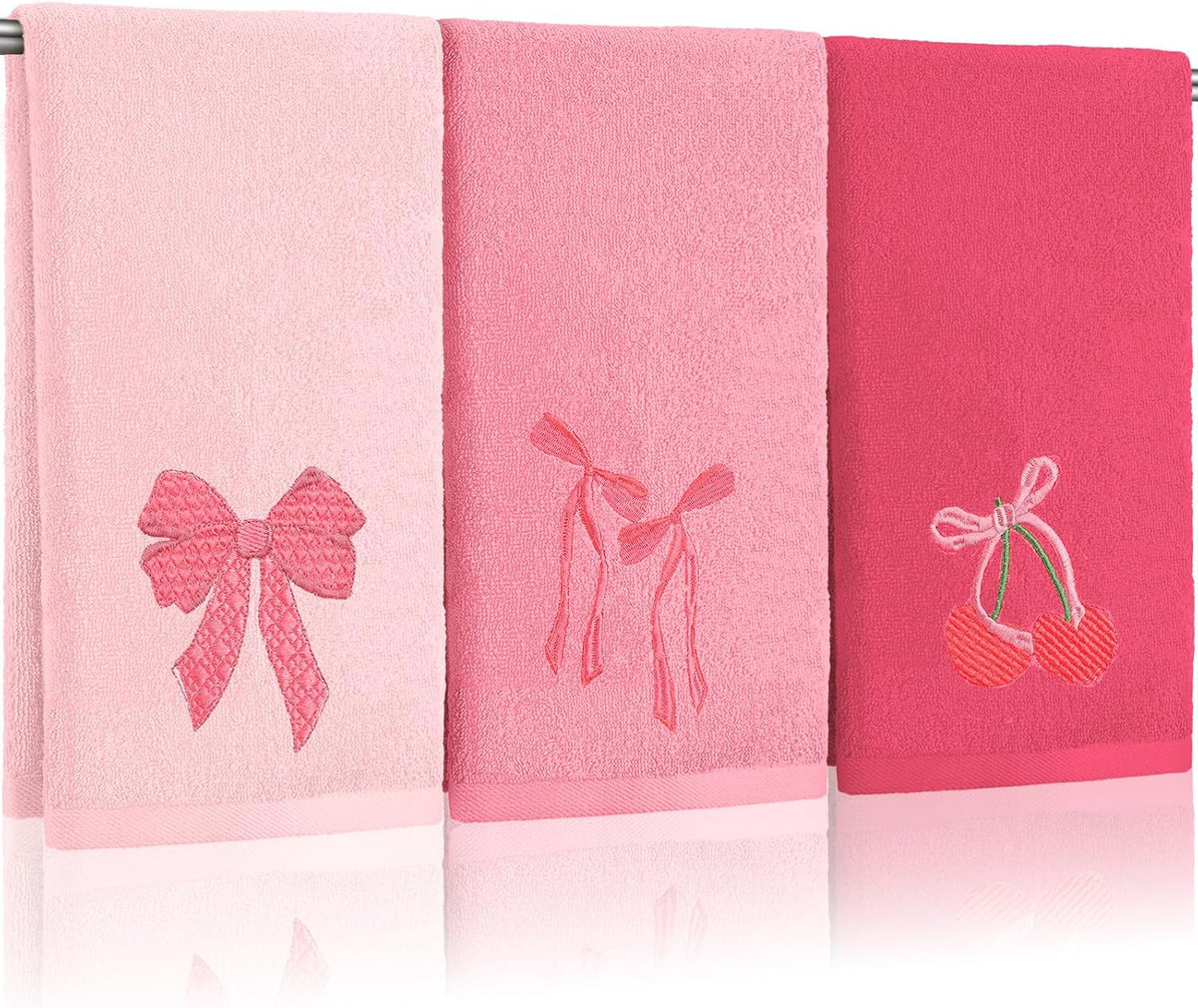 3 Pcs Pink Hand Towels for Bathroom Coquette Bow Embroidered Towel