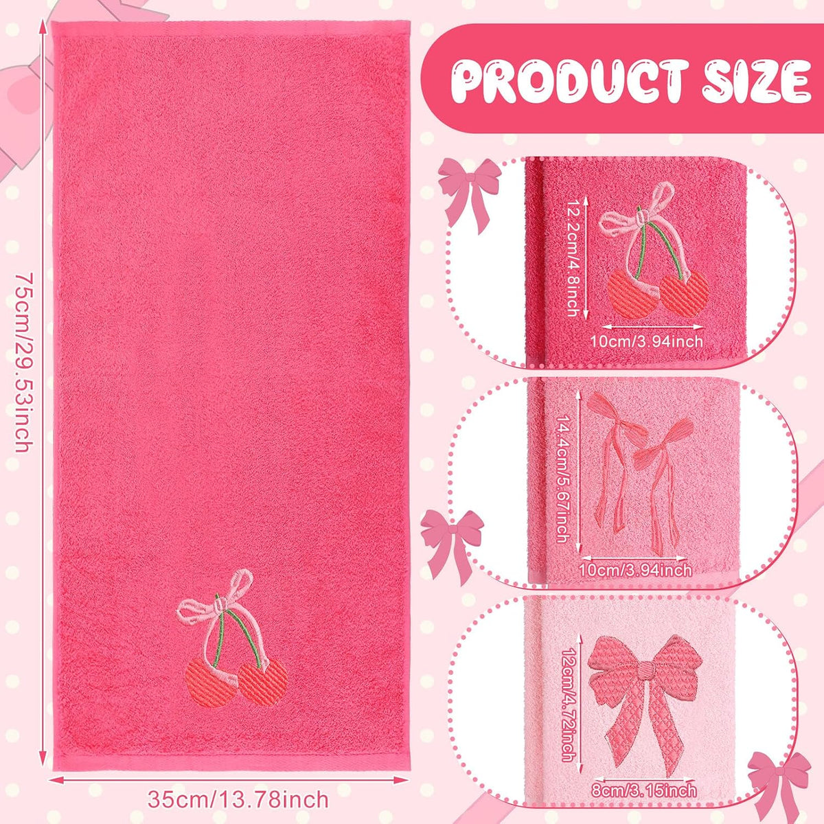 3 Pcs Pink Hand Towels for Bathroom Coquette Bow Embroidered Towel