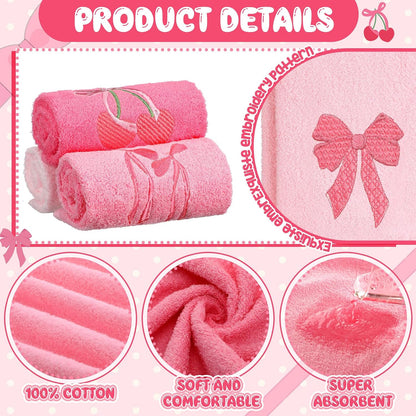 3 Pcs Pink Hand Towels for Bathroom Coquette Bow Embroidered Towel