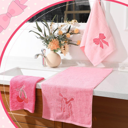 3 Pcs Pink Hand Towels for Bathroom Coquette Bow Embroidered Towel