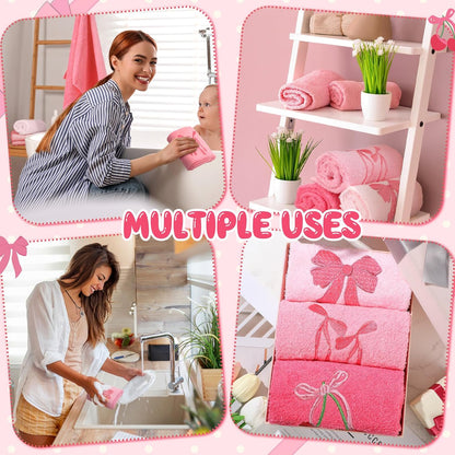 3 Pcs Pink Hand Towels for Bathroom Coquette Bow Embroidered Towel