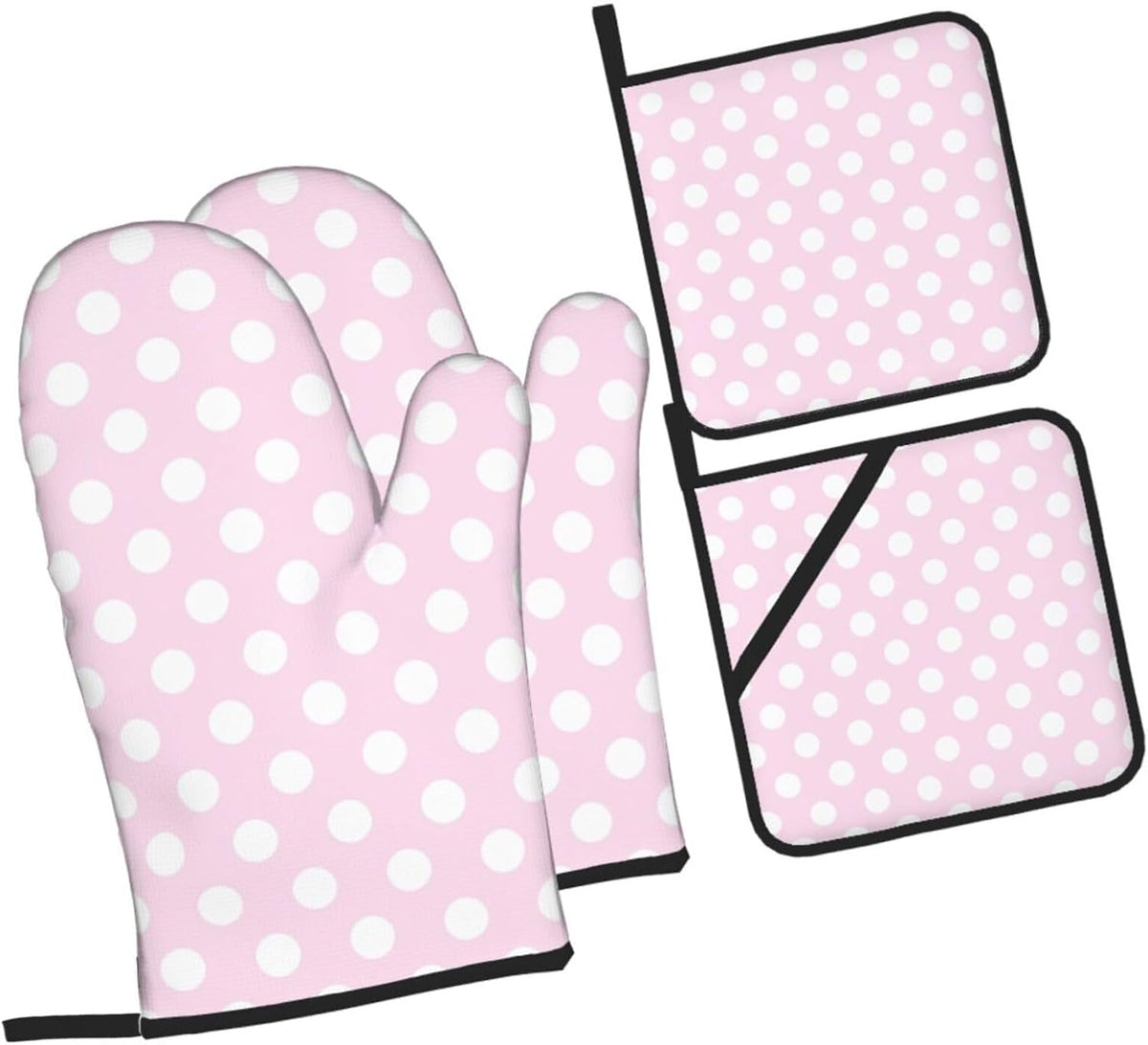 Light Pink Polka Dot Print A Oven Mitts and Pot Holders 4Pcs Set, Heat Resistant Silicone Oven Mitts Pot Holders for Kitchen Cooking Baking, Non-Slip Hot Pads Potholders Gloves