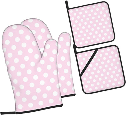 Light Pink Polka Dot Print A Oven Mitts and Pot Holders 4Pcs Set, Heat Resistant Silicone Oven Mitts Pot Holders for Kitchen Cooking Baking, Non-Slip Hot Pads Potholders Gloves