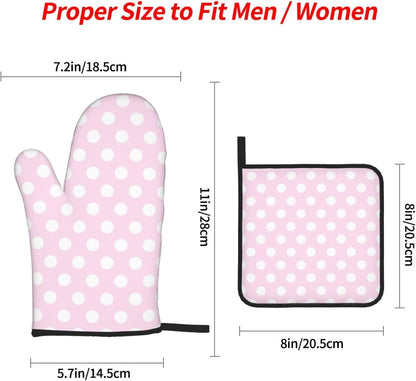 Light Pink Polka Dot Print A Oven Mitts and Pot Holders 4Pcs Set, Heat Resistant Silicone Oven Mitts Pot Holders for Kitchen Cooking Baking, Non-Slip Hot Pads Potholders Gloves