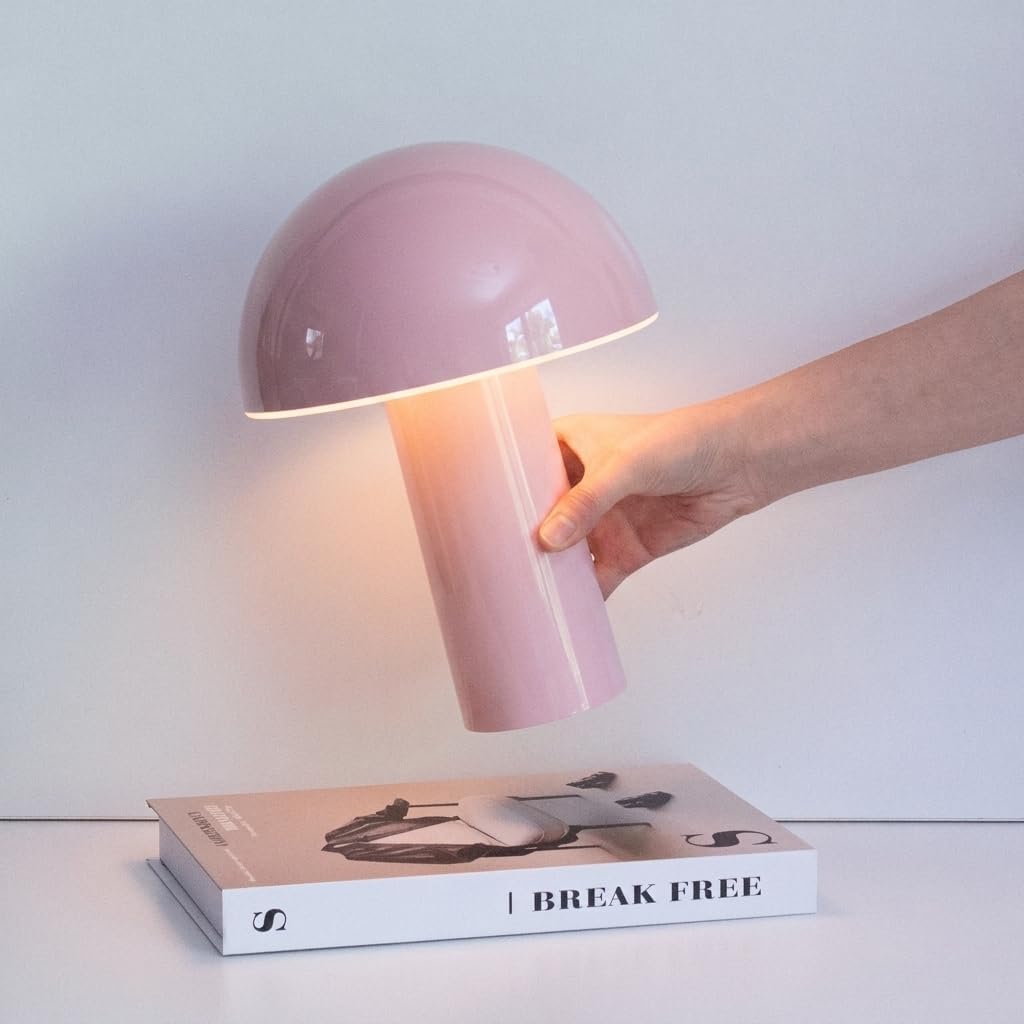 Celia Table Lamp – 10" Touch-Controlled Mushroom Accent Lamp, Cordless & Dimmable LED, Portable & Rechargeable Bedside Night Light, Sustainable Recycled Modern Patio Lamp, Home Décor – Pink
