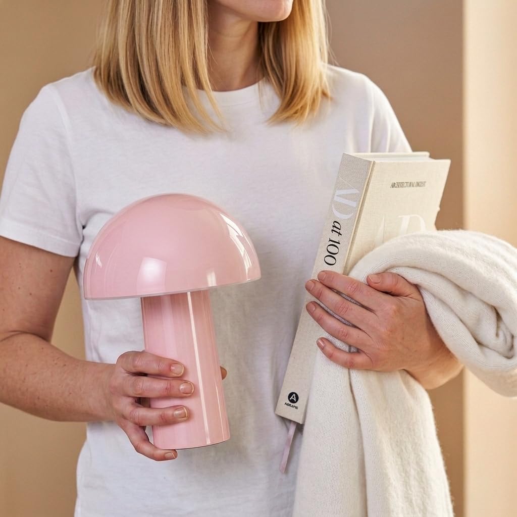 Celia Table Lamp – 10" Touch-Controlled Mushroom Accent Lamp, Cordless & Dimmable LED, Portable & Rechargeable Bedside Night Light, Sustainable Recycled Modern Patio Lamp, Home Décor – Pink