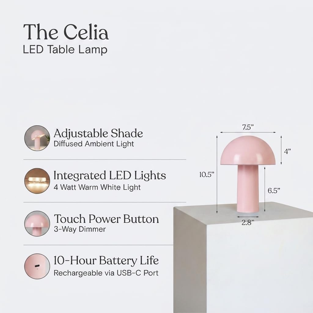 Celia Table Lamp – 10" Touch-Controlled Mushroom Accent Lamp, Cordless & Dimmable LED, Portable & Rechargeable Bedside Night Light, Sustainable Recycled Modern Patio Lamp, Home Décor – Pink