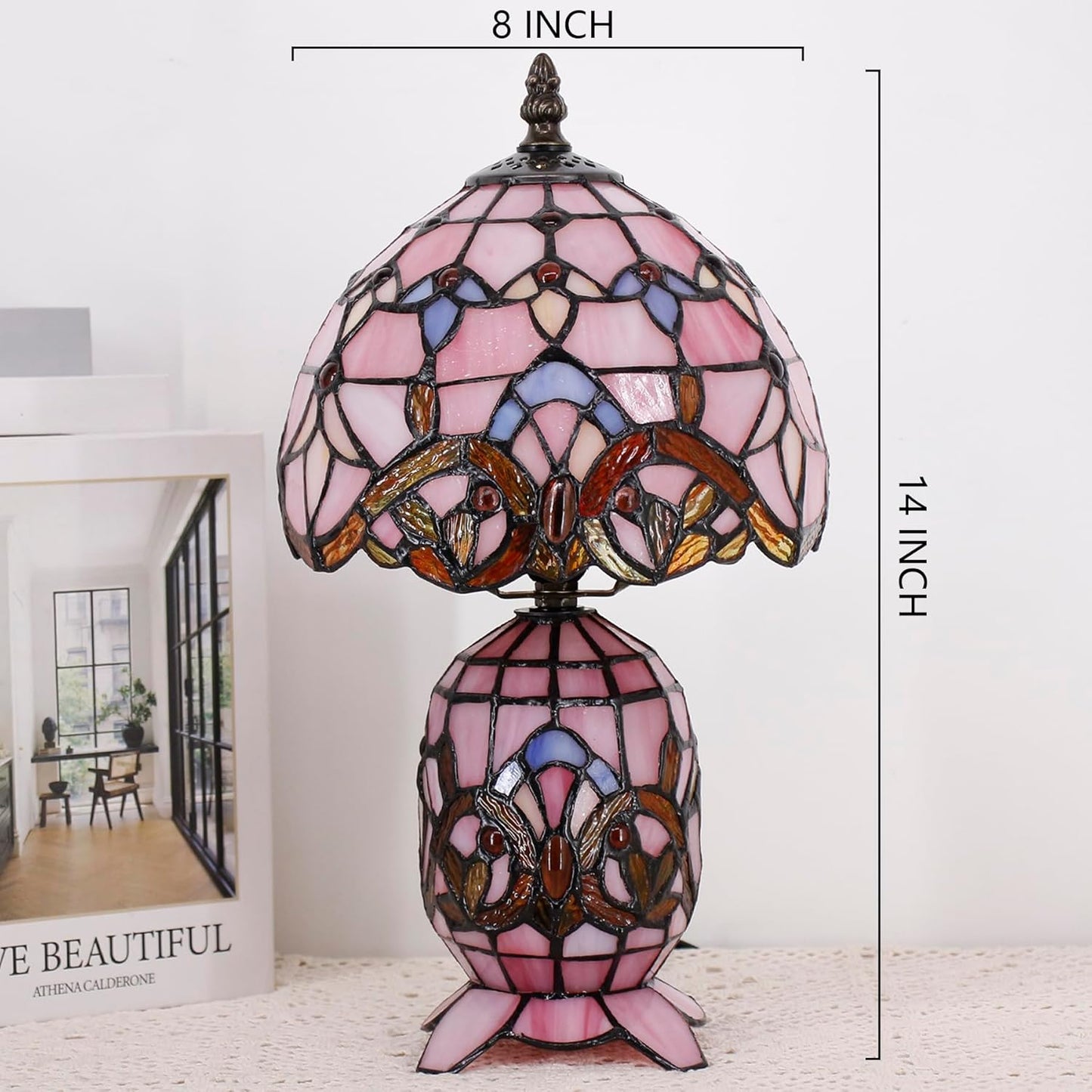 Small Tiffany Stained Glass Table Lamp 8X14 Inches(Pink Baroque) | Mini Mother Daughter Vase Design, Desk Accent Night Light, Bedroom Bedside Reading, Antique Style