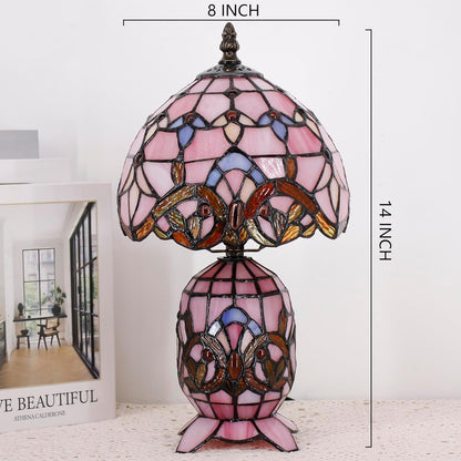 Small Tiffany Stained Glass Table Lamp 8X14 Inches(Pink Baroque) | Mini Mother Daughter Vase Design, Desk Accent Night Light, Bedroom Bedside Reading, Antique Style