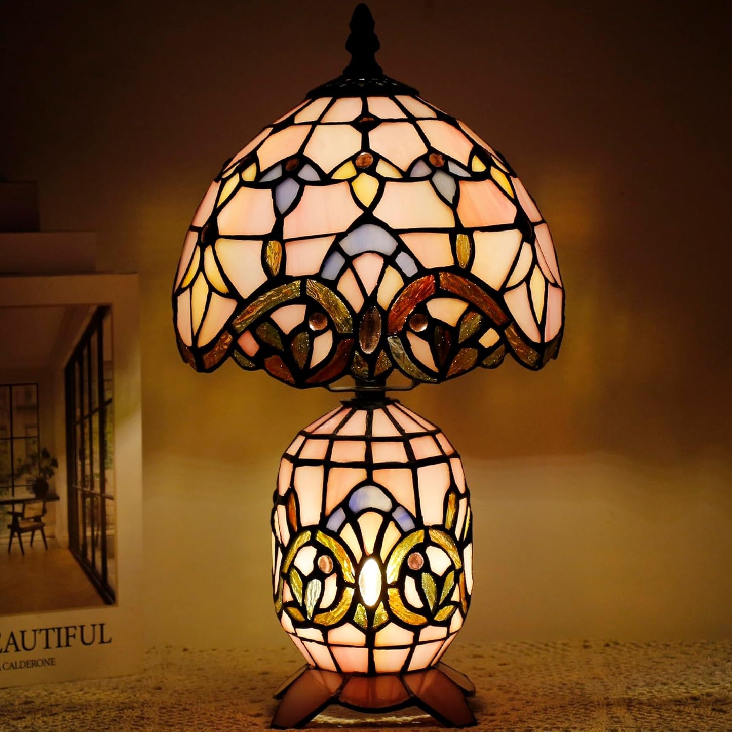 Small Tiffany Stained Glass Table Lamp 8X14 Inches(Pink Baroque) | Mini Mother Daughter Vase Design, Desk Accent Night Light, Bedroom Bedside Reading, Antique Style