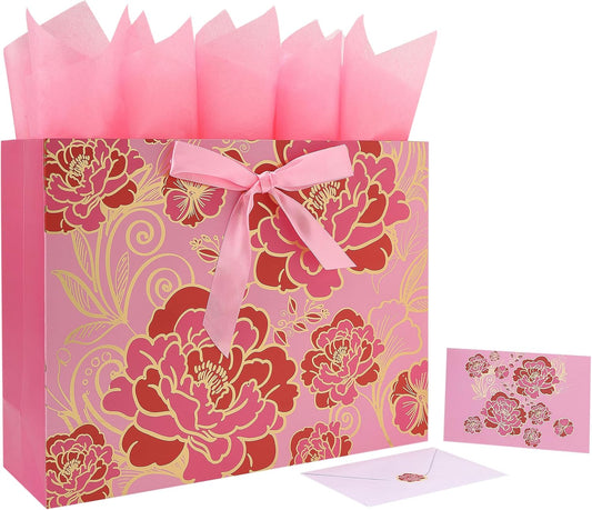 16.5" Extra Large Rose Pink Gift Bag Set with Greeting Card and Tissue Paper(Foil Traced Flowers) for Celebrating Birthdays, Mother's Day, Valentine's Day, Weddings, Anniversary - 16.5”x5.5”x12.6”, 1 Pcs.