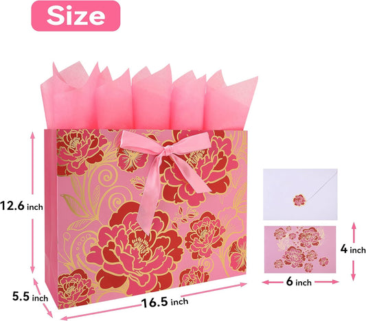 16.5" Extra Large Rose Pink Gift Bag Set with Greeting Card and Tissue Paper(Foil Traced Flowers) for Celebrating Birthdays, Mother's Day, Valentine's Day, Weddings, Anniversary - 16.5”x5.5”x12.6”, 1 Pcs.