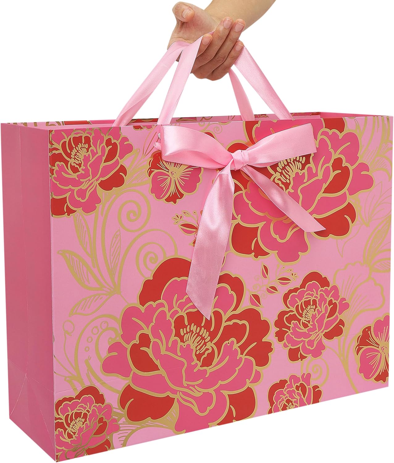 16.5" Extra Large Rose Pink Gift Bag Set with Greeting Card and Tissue Paper(Foil Traced Flowers) for Celebrating Birthdays, Mother's Day, Valentine's Day, Weddings, Anniversary - 16.5”x5.5”x12.6”, 1 Pcs.