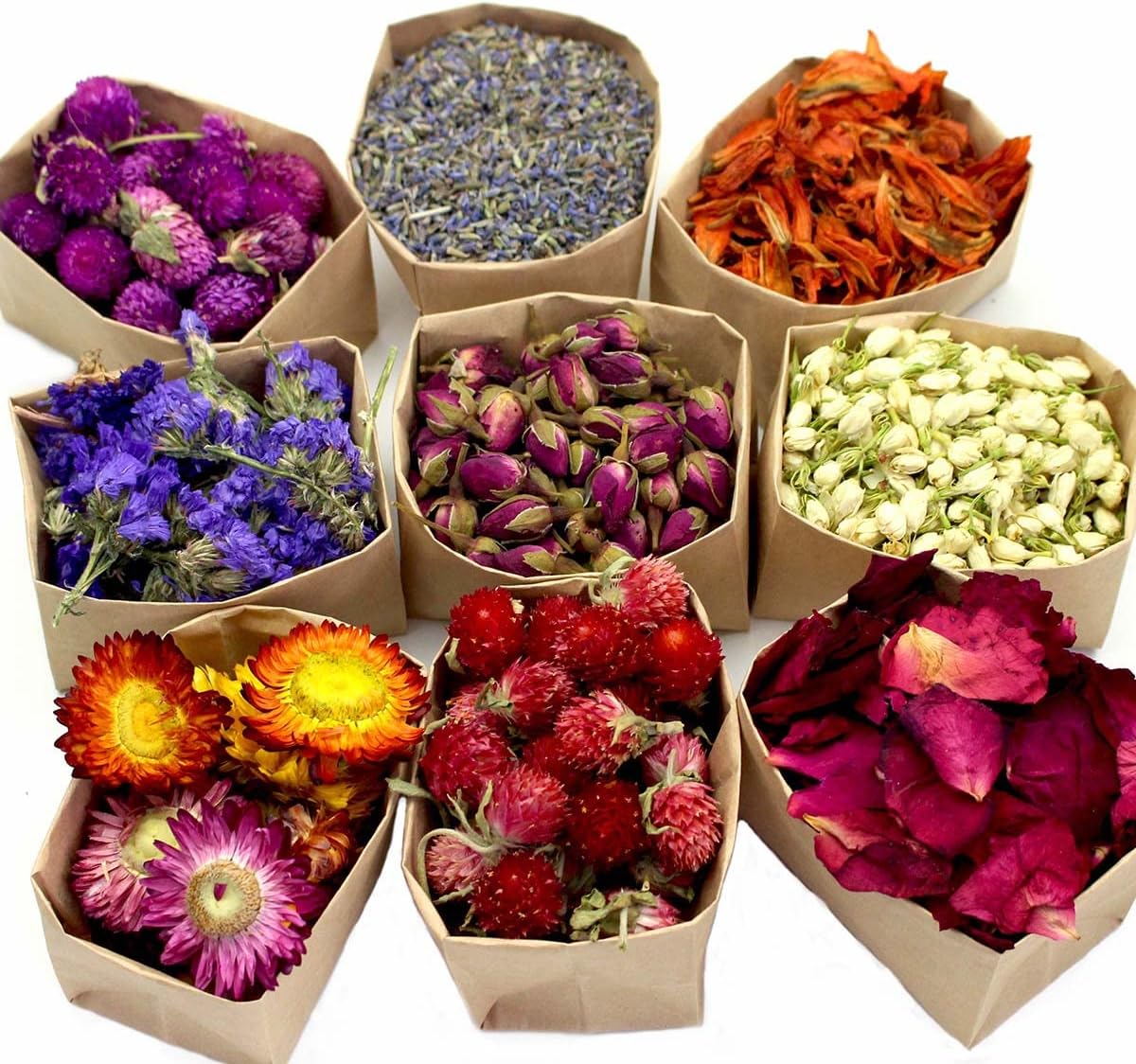 9 Bags Set Dried Flowers Artisan Dried Flower Kit - Candle Making Soap Making DIY Candel Natural Flowers-Lemon,Lavender,Roseleaf,Pink Rose,Red Rose,Jasmine,Rose Petal and More