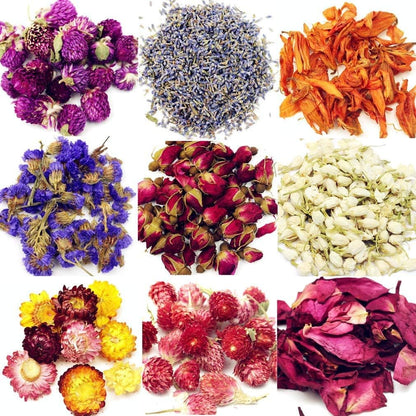 9 Bags Set Dried Flowers Artisan Dried Flower Kit - Candle Making Soap Making DIY Candel Natural Flowers-Lemon,Lavender,Roseleaf,Pink Rose,Red Rose,Jasmine,Rose Petal and More