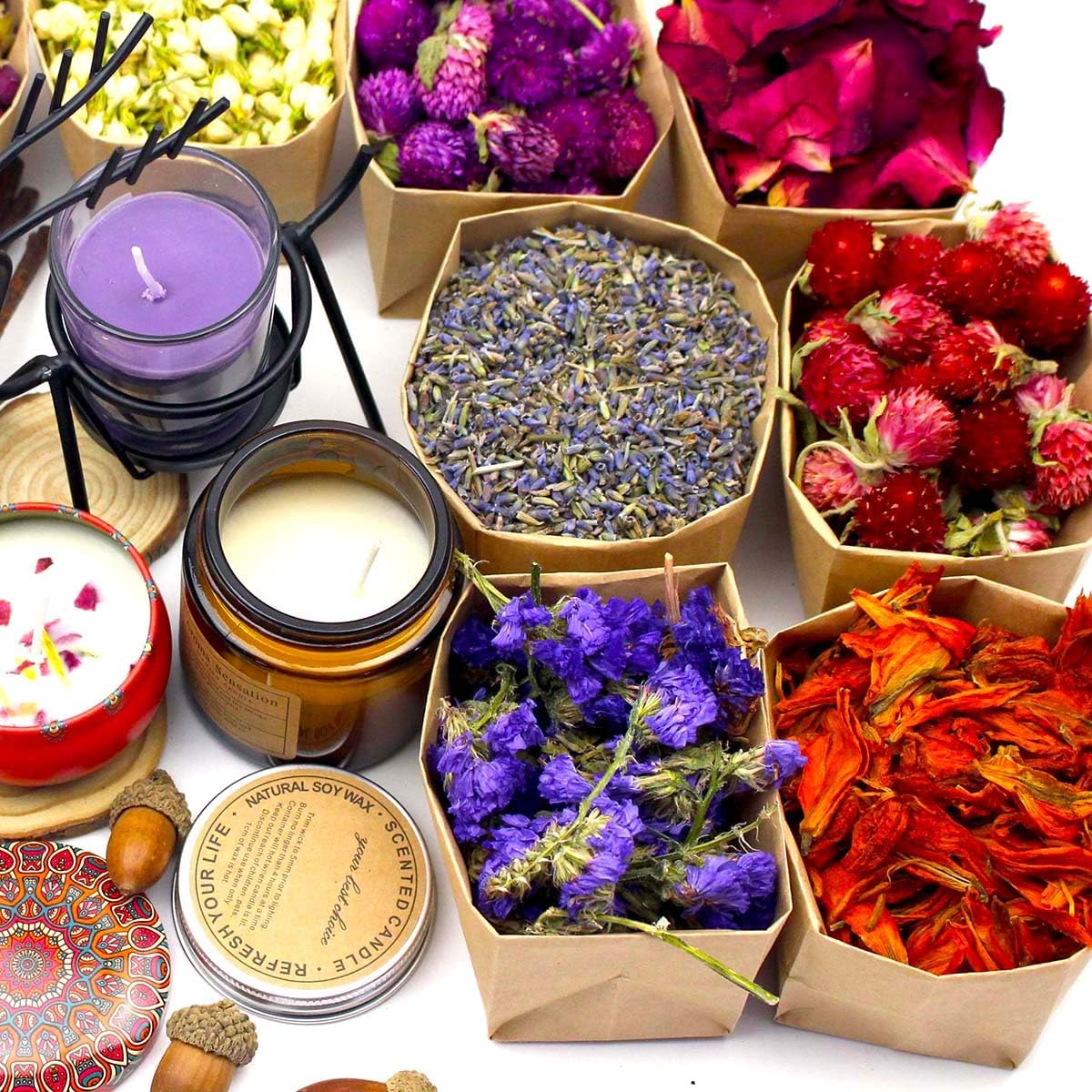 9 Bags Set Dried Flowers Artisan Dried Flower Kit - Candle Making Soap Making DIY Candel Natural Flowers-Lemon,Lavender,Roseleaf,Pink Rose,Red Rose,Jasmine,Rose Petal and More