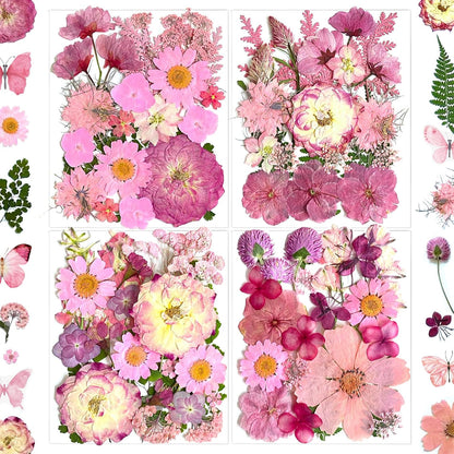 132Pcs Pink Pressed Dried Flowers and Butterfly for Resin Molds, Real Natural Bulk Dry Floral Leaves Stickers for DIY Art Crafts, Jewelry, Candle, Soap Crafts Making