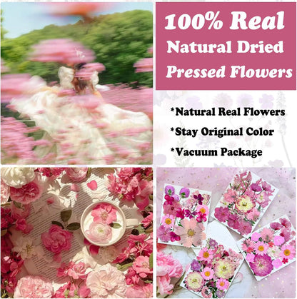 132Pcs Pink Pressed Dried Flowers and Butterfly for Resin Molds, Real Natural Bulk Dry Floral Leaves Stickers for DIY Art Crafts, Jewelry, Candle, Soap Crafts Making