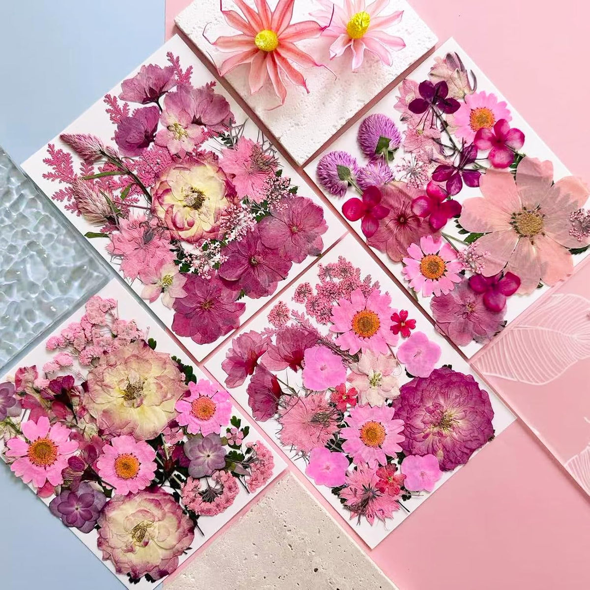 132Pcs Pink Pressed Dried Flowers and Butterfly for Resin Molds, Real Natural Bulk Dry Floral Leaves Stickers for DIY Art Crafts, Jewelry, Candle, Soap Crafts Making