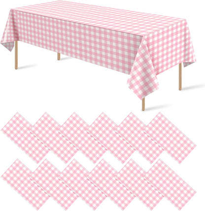 12Pack Pink and White Plastic Checkered Tablecloth, Premium Decorative Disposable Pink Gingham Plaid Table Cloths for Parties, Rectangle Party Table Cover for Picnic Farm Birthday Wedding, 54x108 Inch