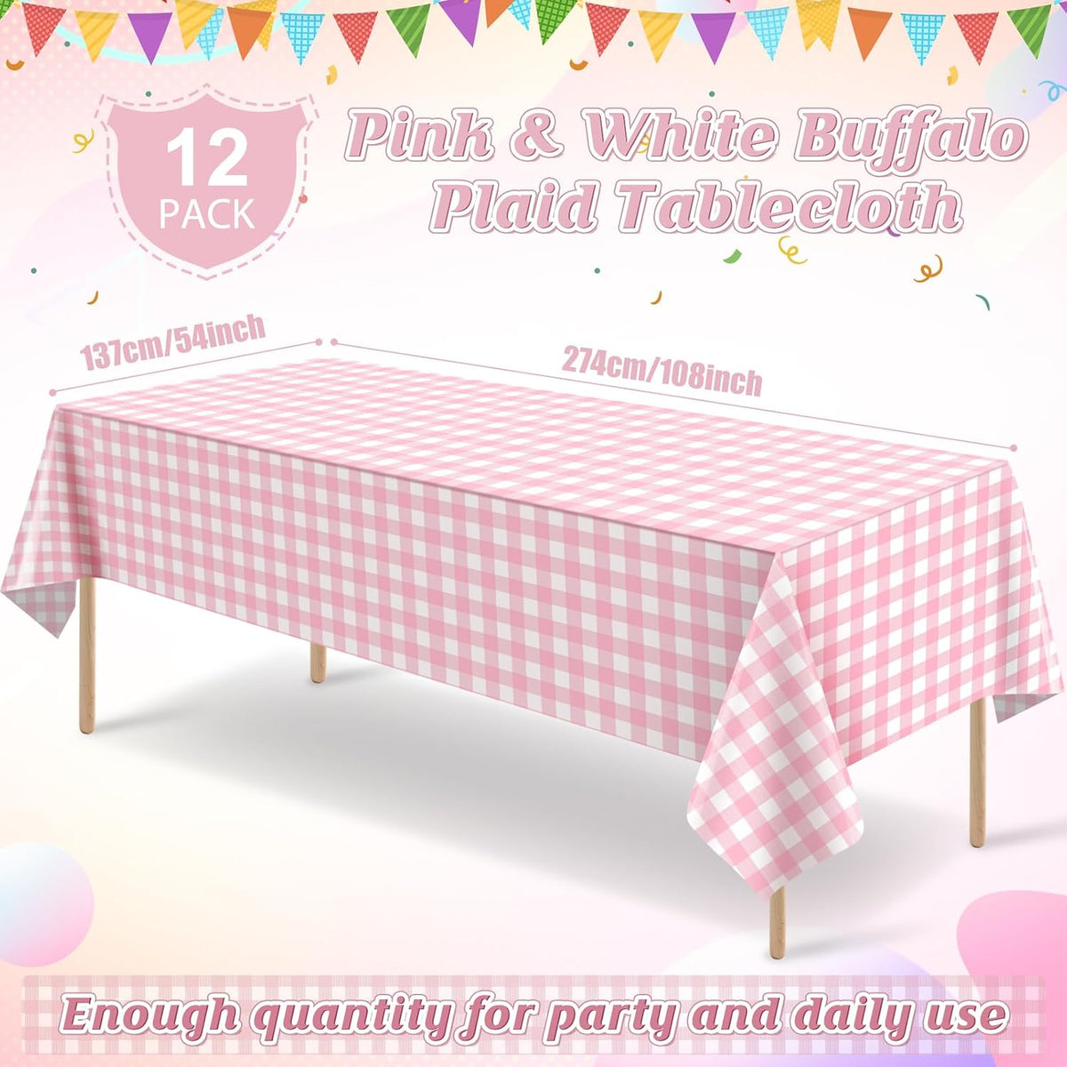 12Pack Pink and White Plastic Checkered Tablecloth, Premium Decorative Disposable Pink Gingham Plaid Table Cloths for Parties, Rectangle Party Table Cover for Picnic Farm Birthday Wedding, 54x108 Inch