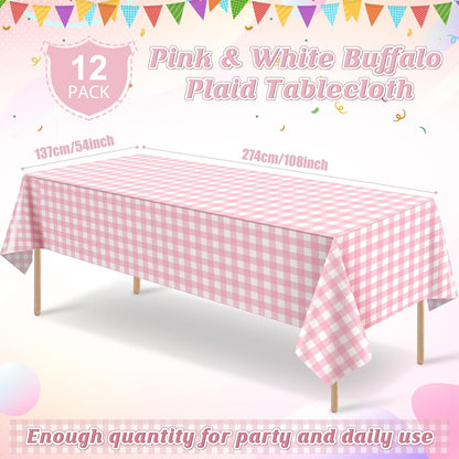 12Pack Pink and White Plastic Checkered Tablecloth, Premium Decorative Disposable Pink Gingham Plaid Table Cloths for Parties, Rectangle Party Table Cover for Picnic Farm Birthday Wedding, 54x108 Inch