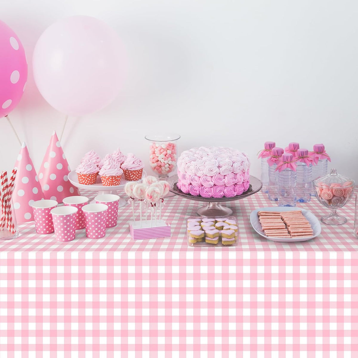 12Pack Pink and White Plastic Checkered Tablecloth, Premium Decorative Disposable Pink Gingham Plaid Table Cloths for Parties, Rectangle Party Table Cover for Picnic Farm Birthday Wedding, 54x108 Inch