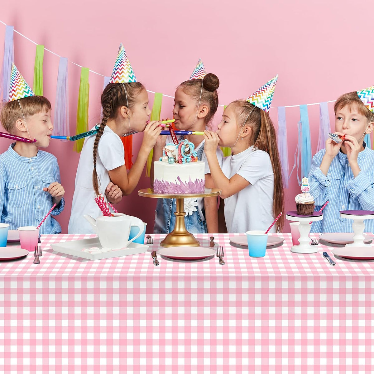 12Pack Pink and White Plastic Checkered Tablecloth, Premium Decorative Disposable Pink Gingham Plaid Table Cloths for Parties, Rectangle Party Table Cover for Picnic Farm Birthday Wedding, 54x108 Inch