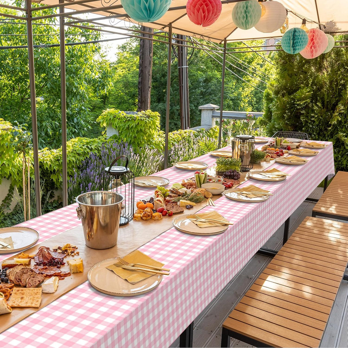 12Pack Pink and White Plastic Checkered Tablecloth, Premium Decorative Disposable Pink Gingham Plaid Table Cloths for Parties, Rectangle Party Table Cover for Picnic Farm Birthday Wedding, 54x108 Inch