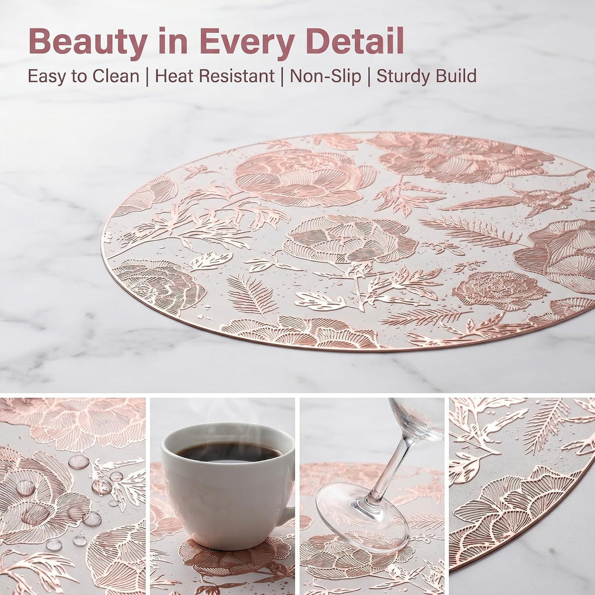 Placemats Set of 6 Plastic Placemats for Kitchen Dining Table Decor Table Placemats Wipeable Floral Table Mat 15inch Pink