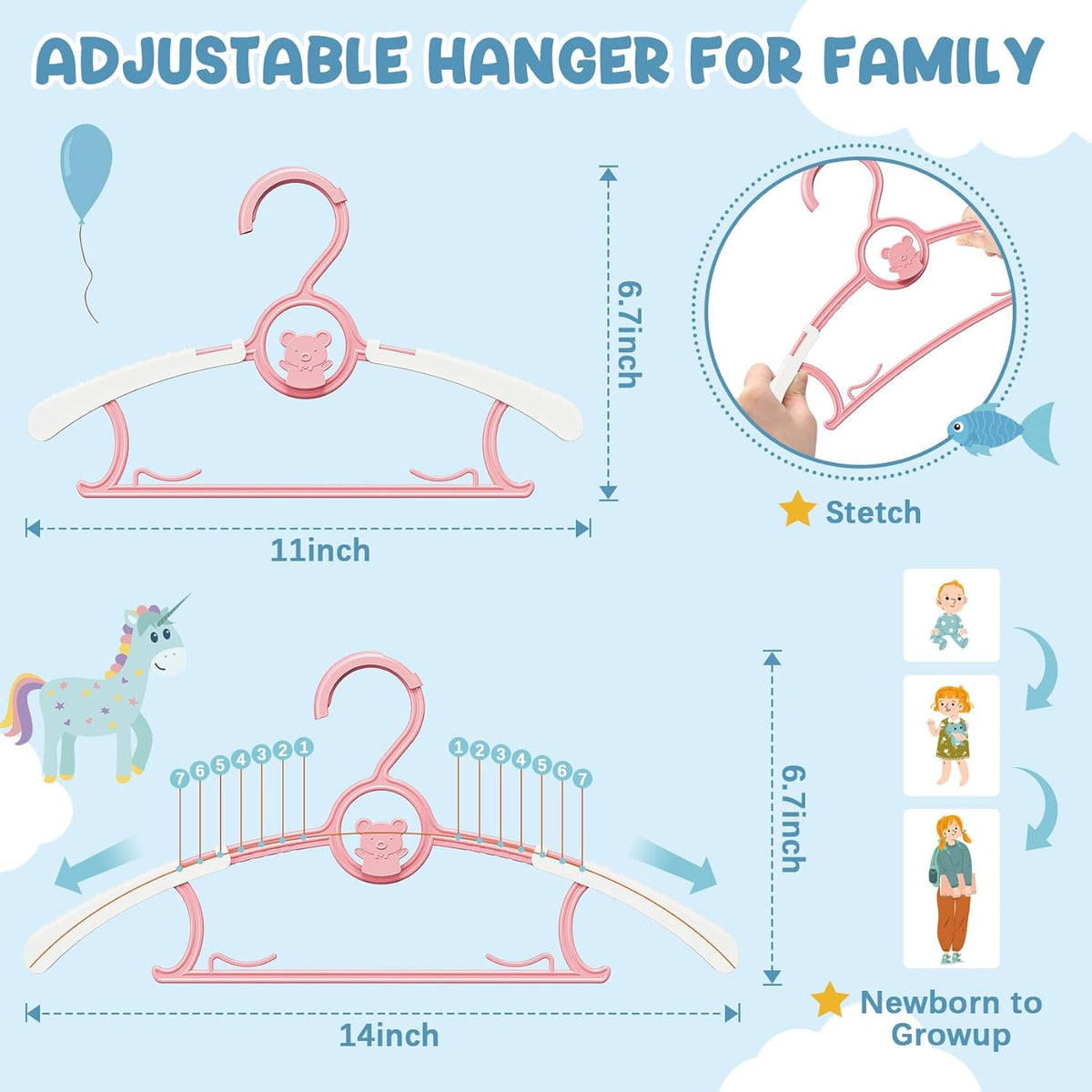 30 Pack Baby Hangers for Nursery Closet, 11-14" Adjustable Kids Hangers