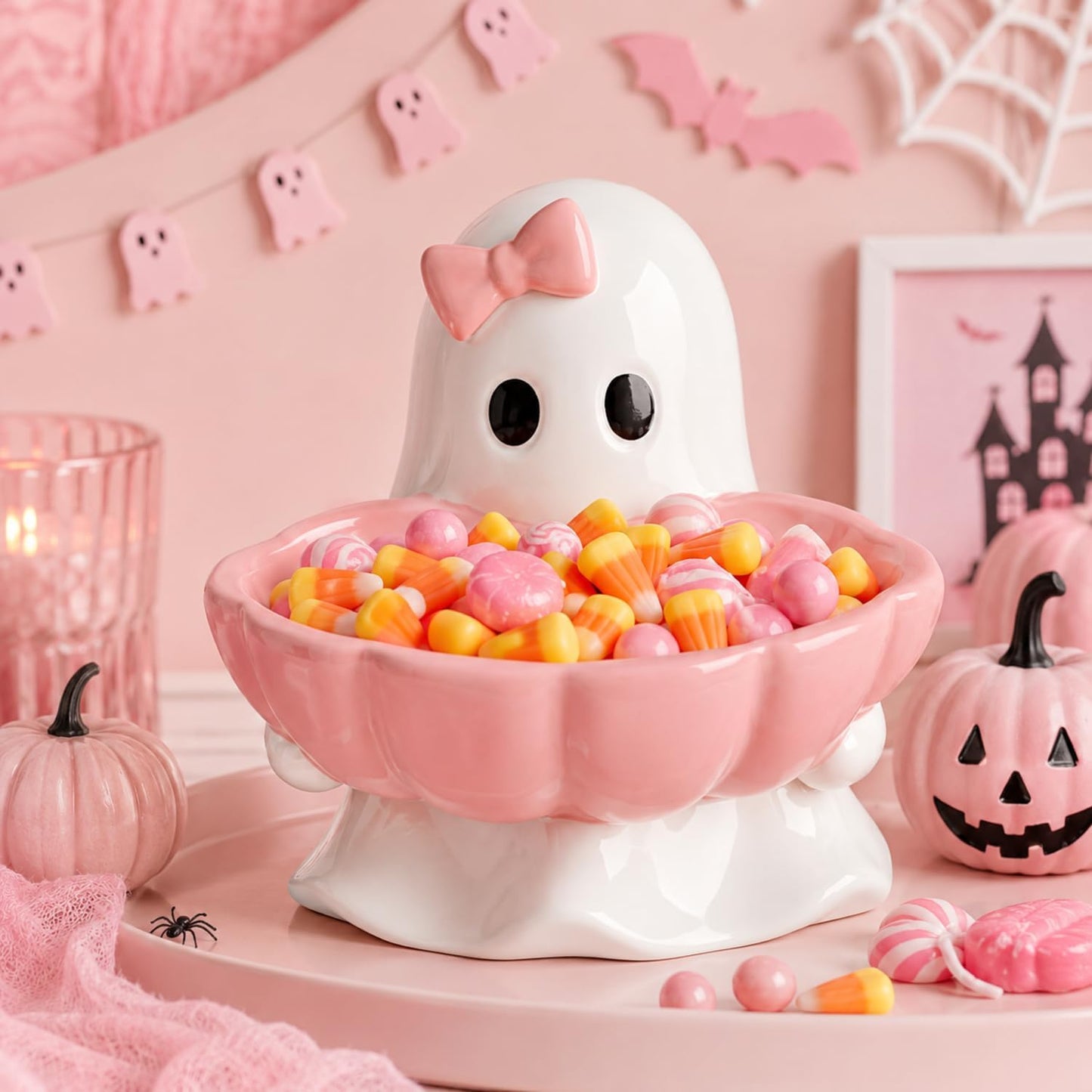 Halloween Candy Bowl Pink Bow Ghost Ceramic Candy Dish