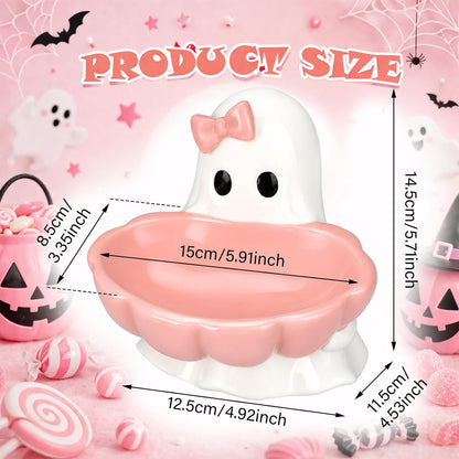 Halloween Candy Bowl Pink Bow Ghost Ceramic Candy Dish