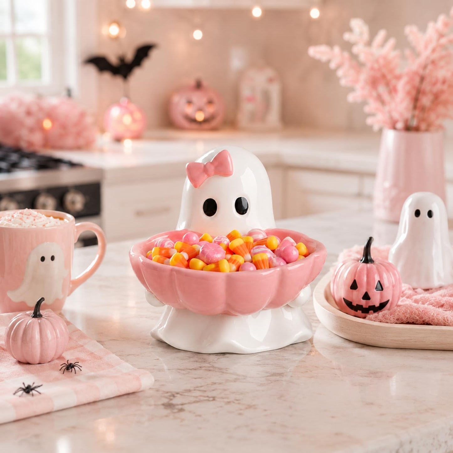 Halloween Candy Bowl Pink Bow Ghost Ceramic Candy Dish